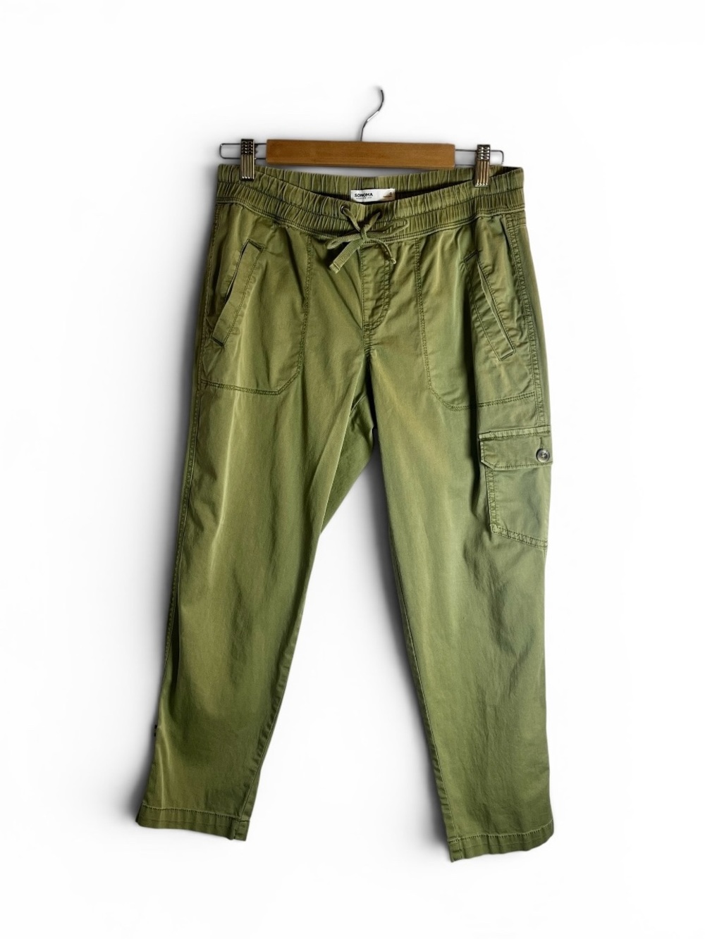 Sonoma Olive Cargo Drawstring Pants, Pockets, Cotton Blend.